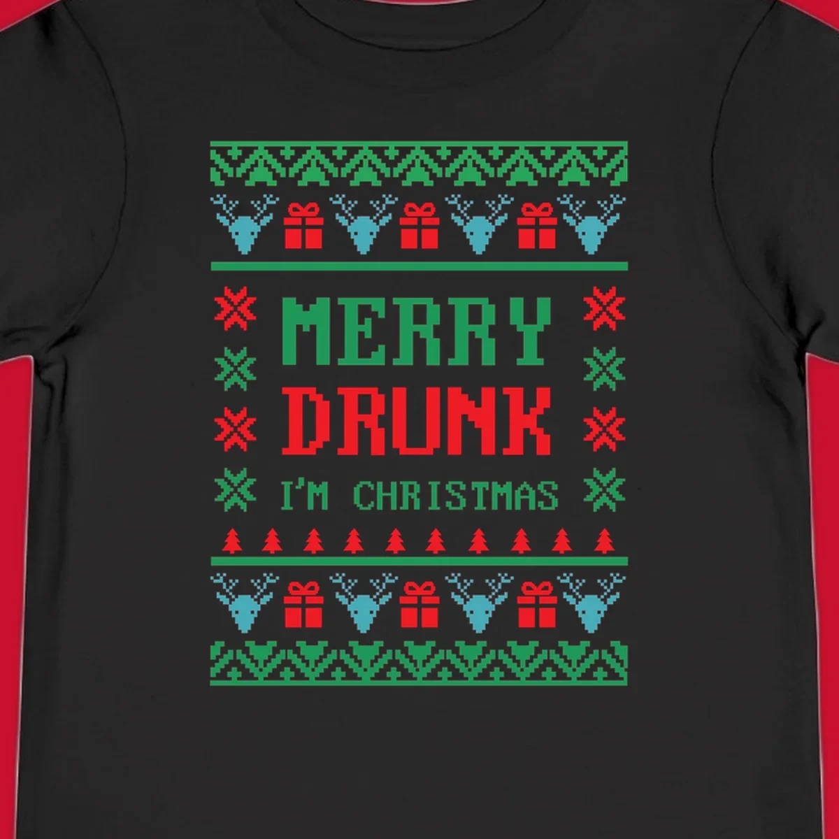 Merry Drunk I'm Christmas ugly sweater design with reindeer, gifts, and trees.