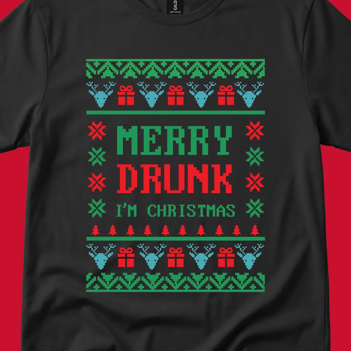 Merry Drunk I'm Christmas ugly sweater design with reindeer, gifts, and trees.