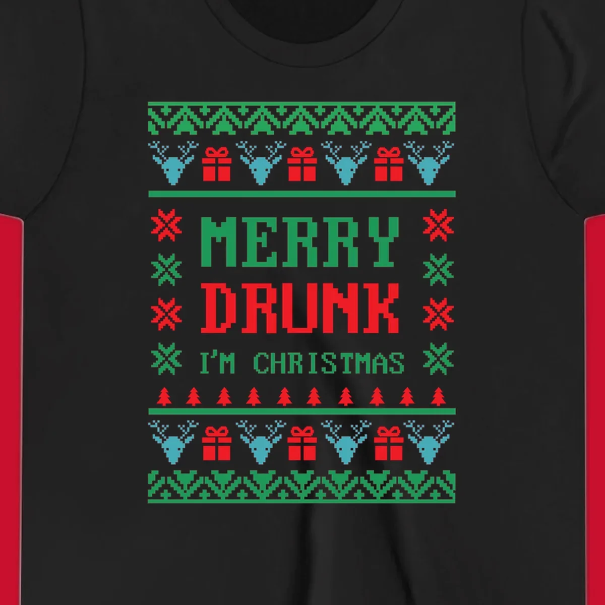 Merry Drunk I'm Christmas ugly sweater design with reindeer, gifts, and trees.