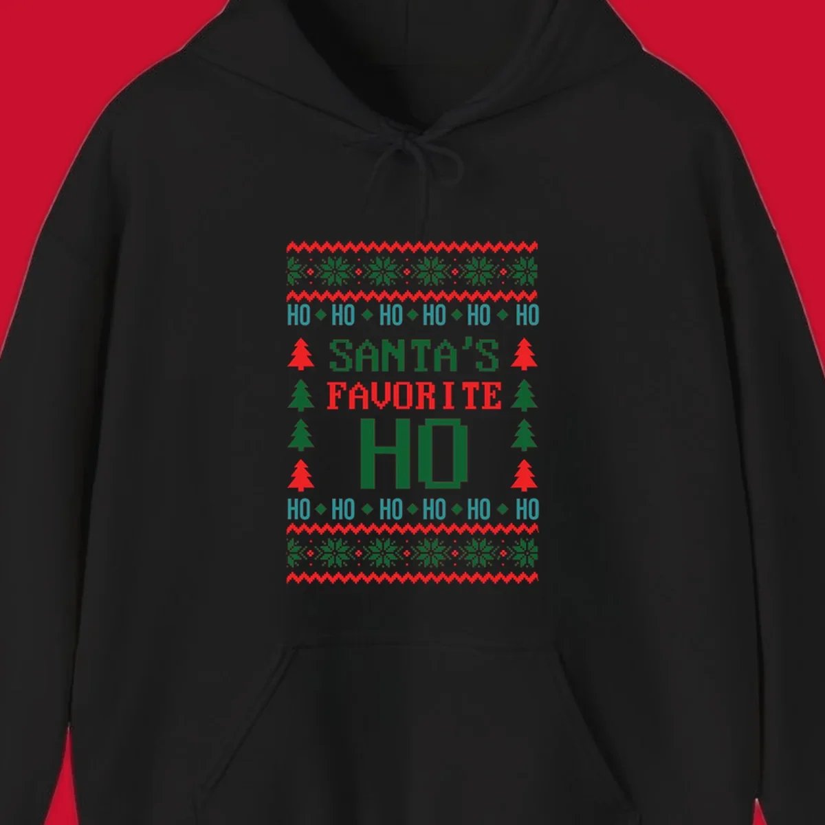 Santa's favorite ho ugly christmas design with pixelated text and holiday elements.