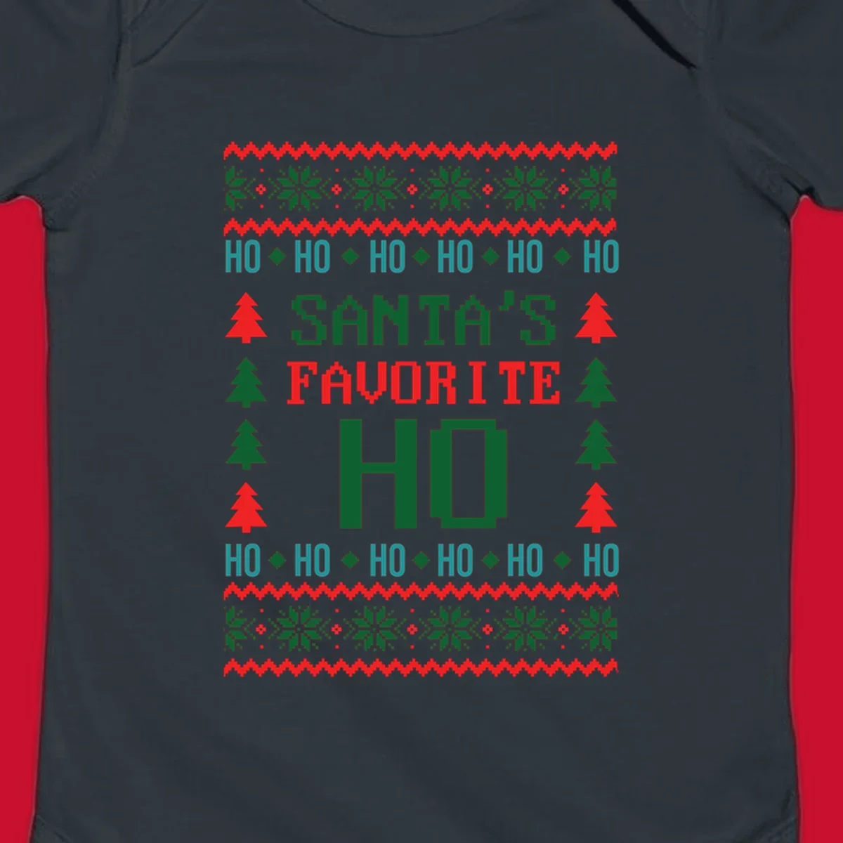 Santa's favorite ho ugly christmas design with pixelated text and holiday elements.