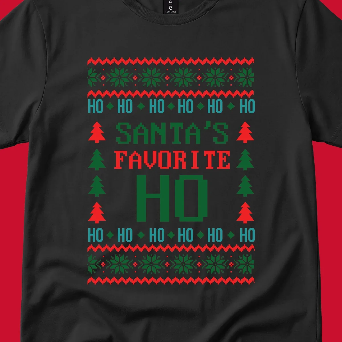 Santa's favorite ho ugly christmas design with pixelated text and holiday elements.