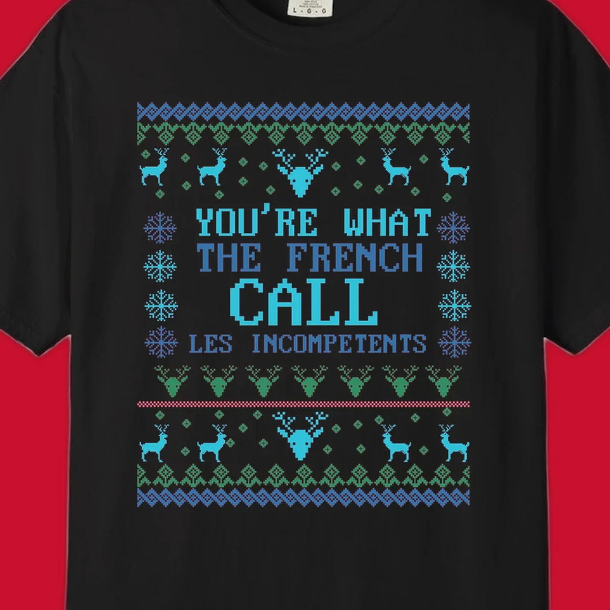 French Call Les Incompetents Ugly Christmas Sweater design with reindeer and snowflakes.