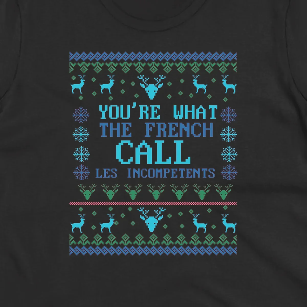 French Call Les Incompetents Ugly Christmas Sweater design with reindeer and snowflakes.