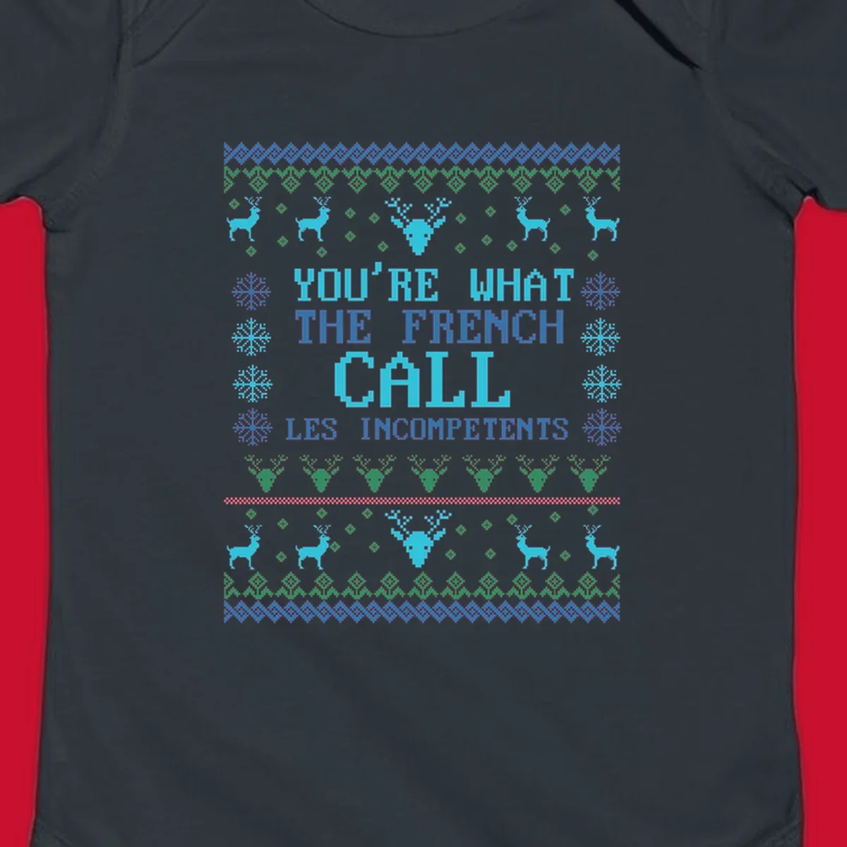 French Call Les Incompetents Ugly Christmas Sweater design with reindeer and snowflakes.