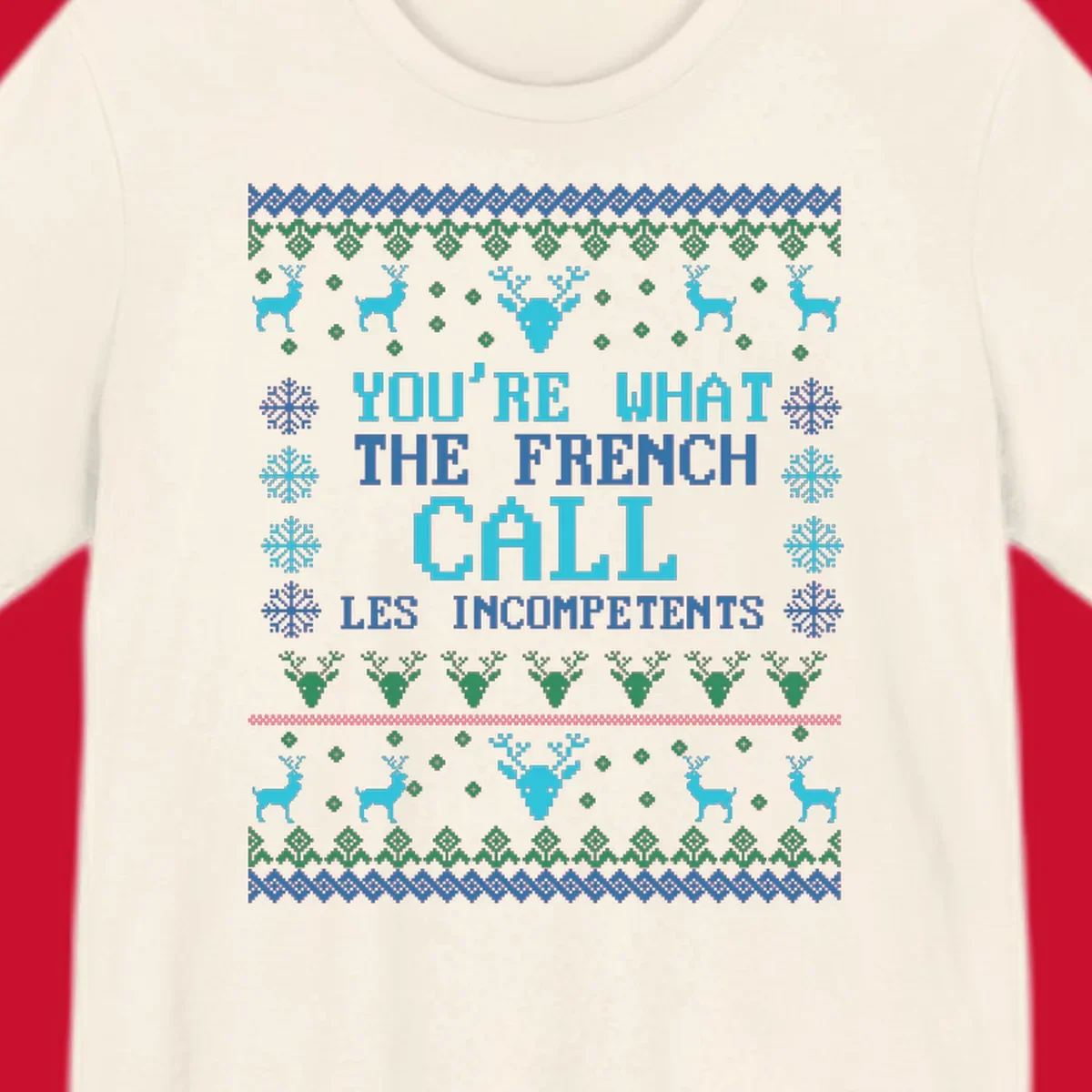 French Call Les Incompetents Ugly Christmas Sweater design with reindeer and snowflakes.