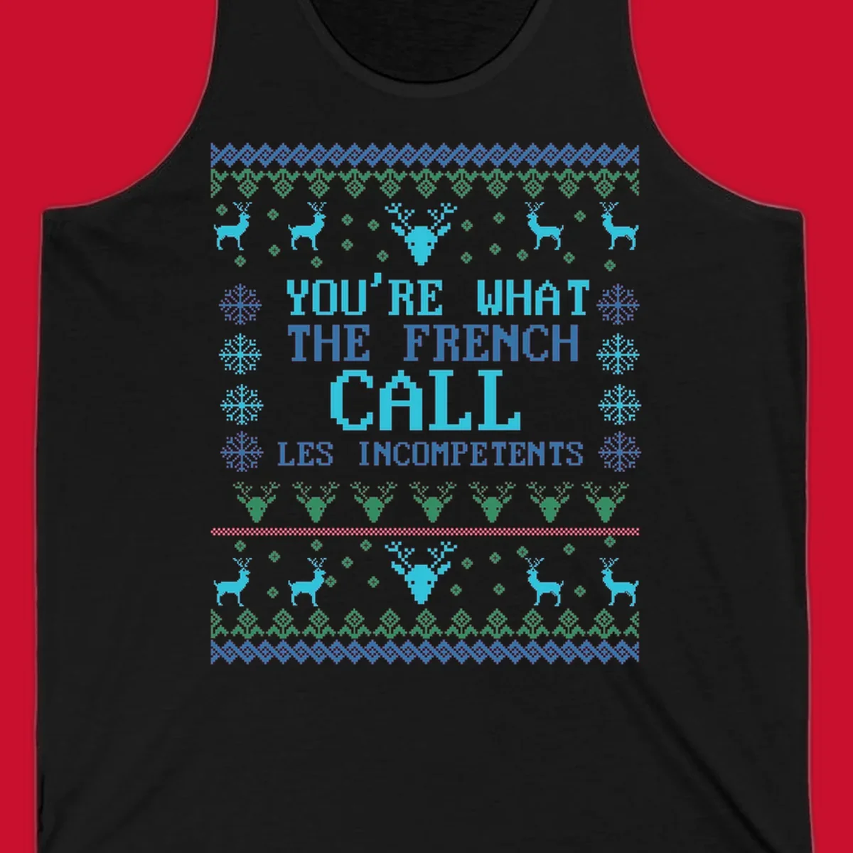 French Call Les Incompetents Ugly Christmas Sweater design with reindeer and snowflakes.