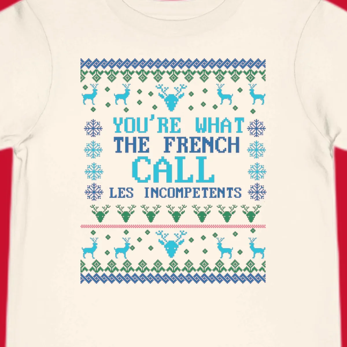 French Call Les Incompetents Ugly Christmas Sweater design with reindeer and snowflakes.