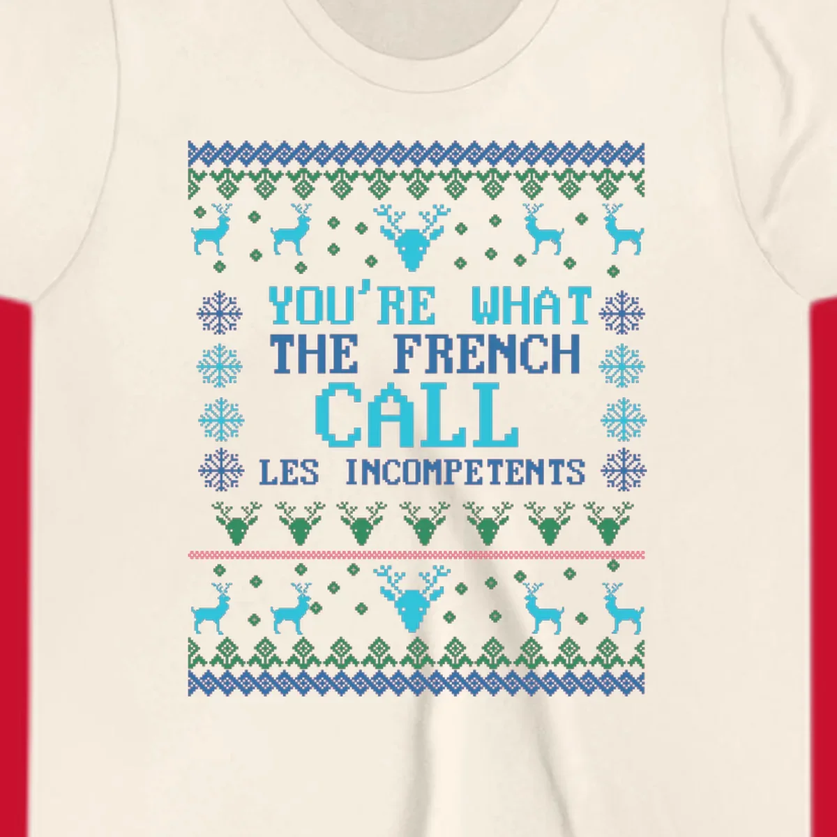French Call Les Incompetents Ugly Christmas Sweater design with reindeer and snowflakes.