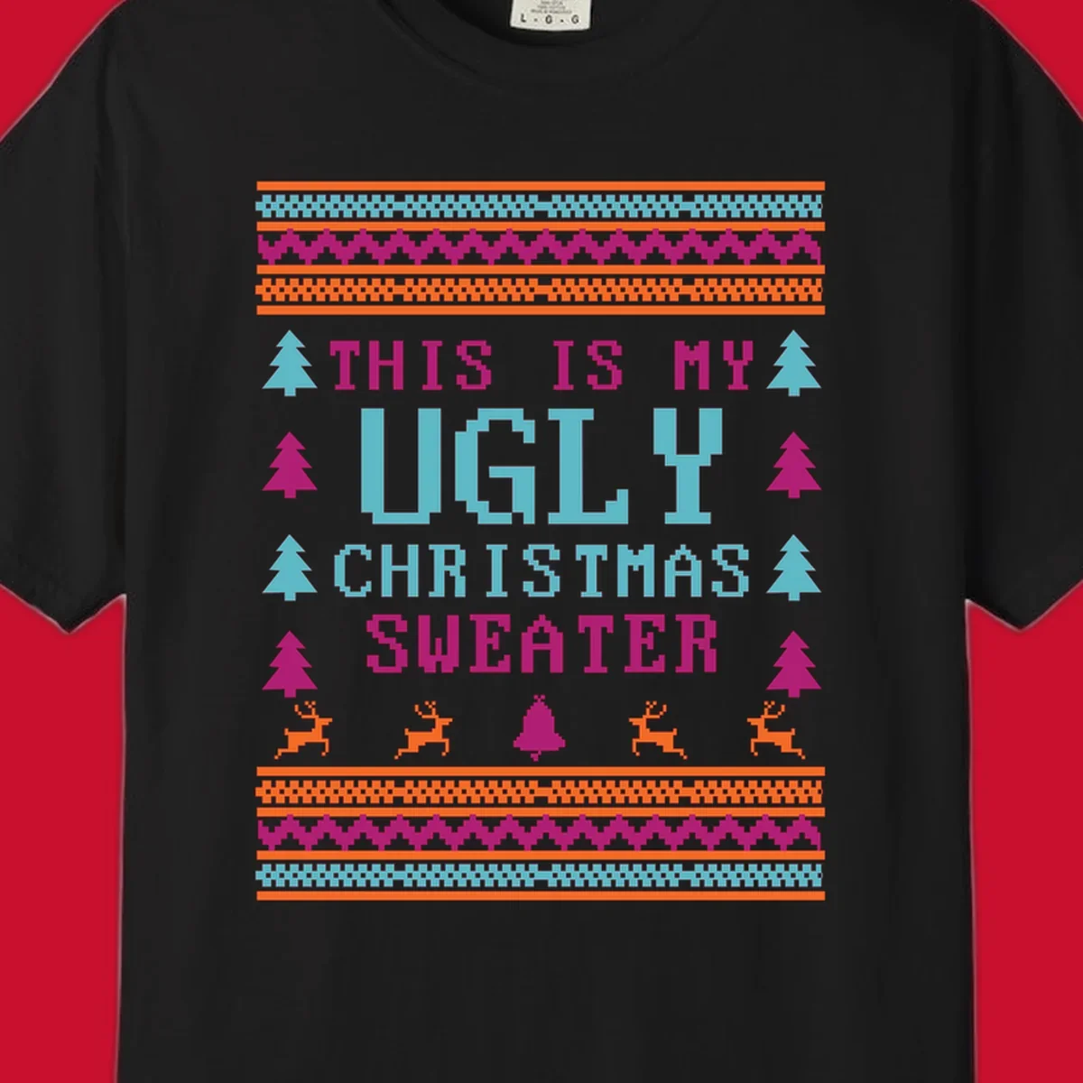Ugly Christmas Sweater text design with pixel art trees, reindeer, and bell.