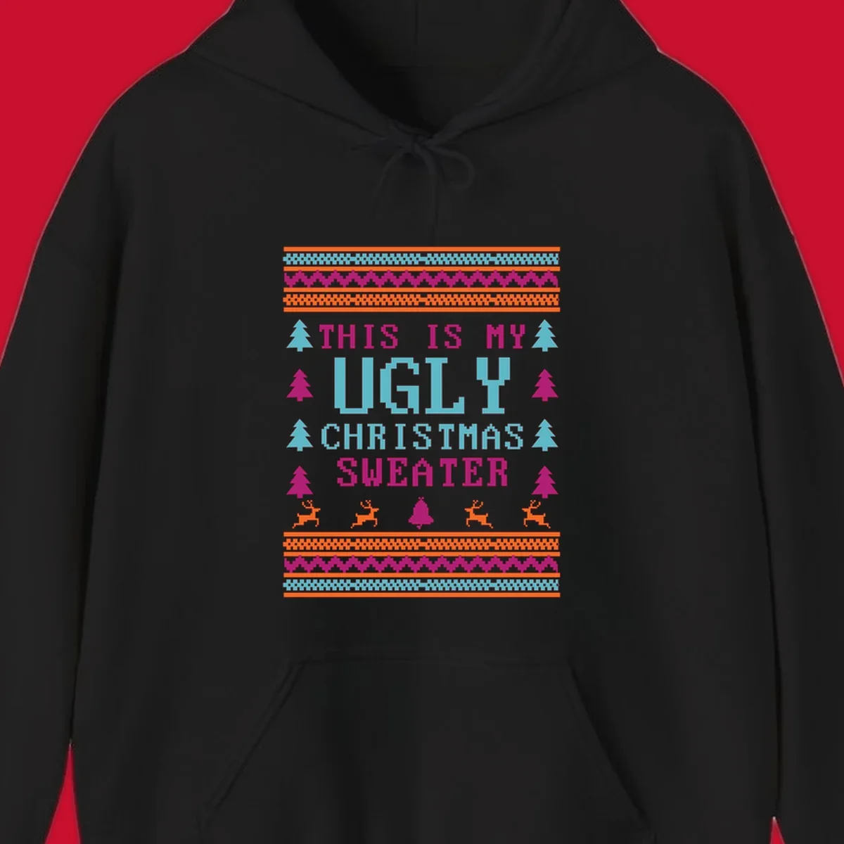 Ugly Christmas Sweater text design with pixel art trees, reindeer, and bell.