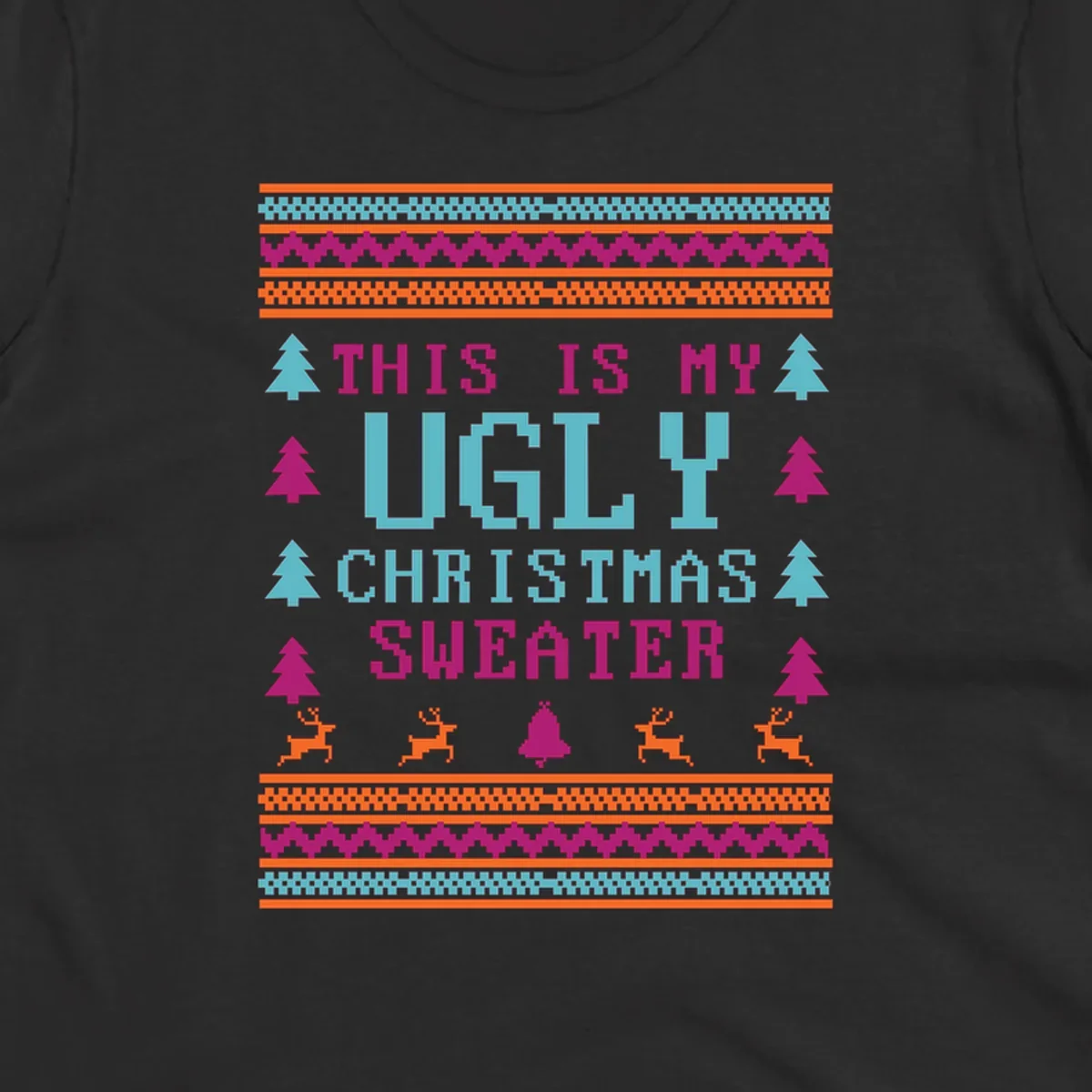 Ugly Christmas Sweater text design with pixel art trees, reindeer, and bell.