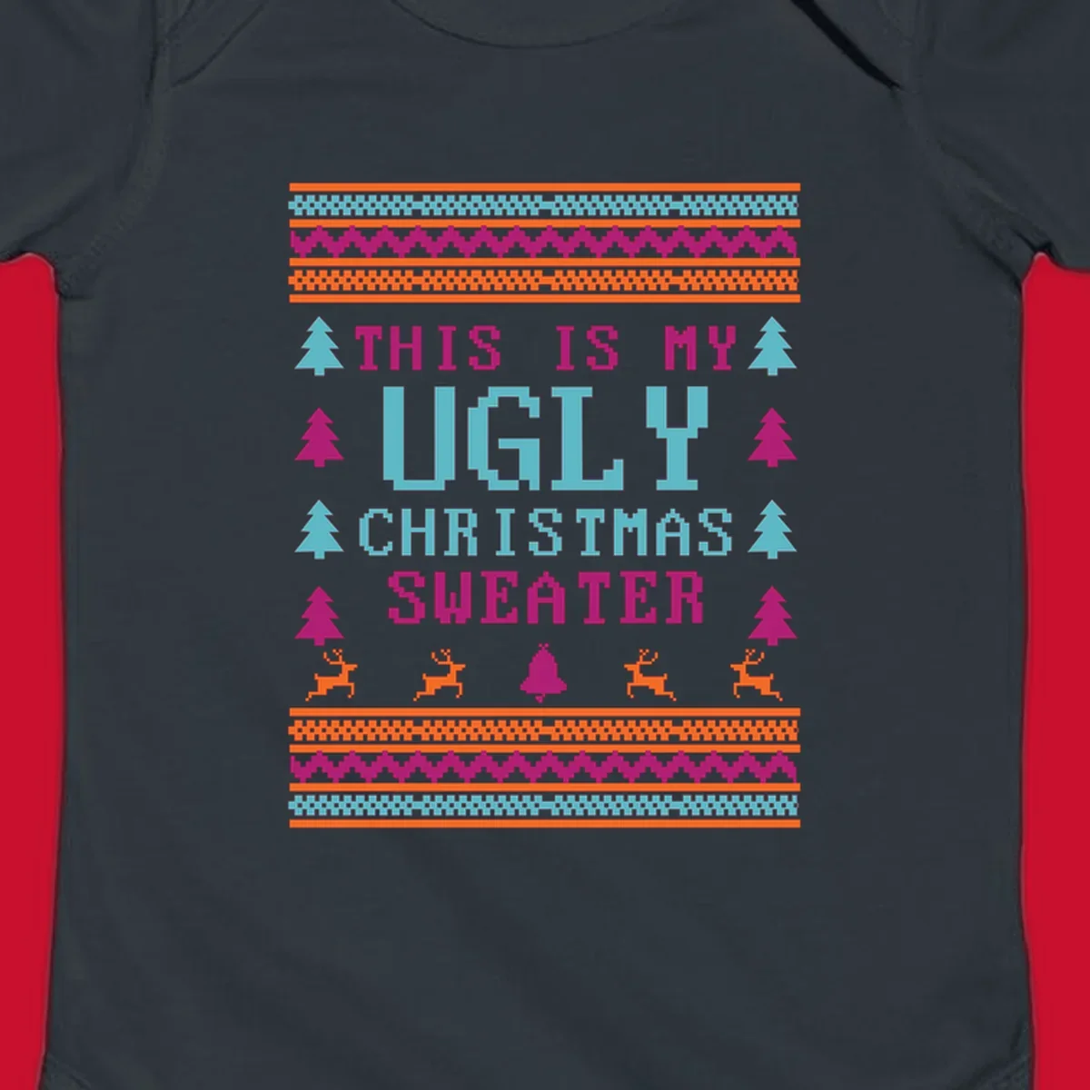 Ugly Christmas Sweater text design with pixel art trees, reindeer, and bell.
