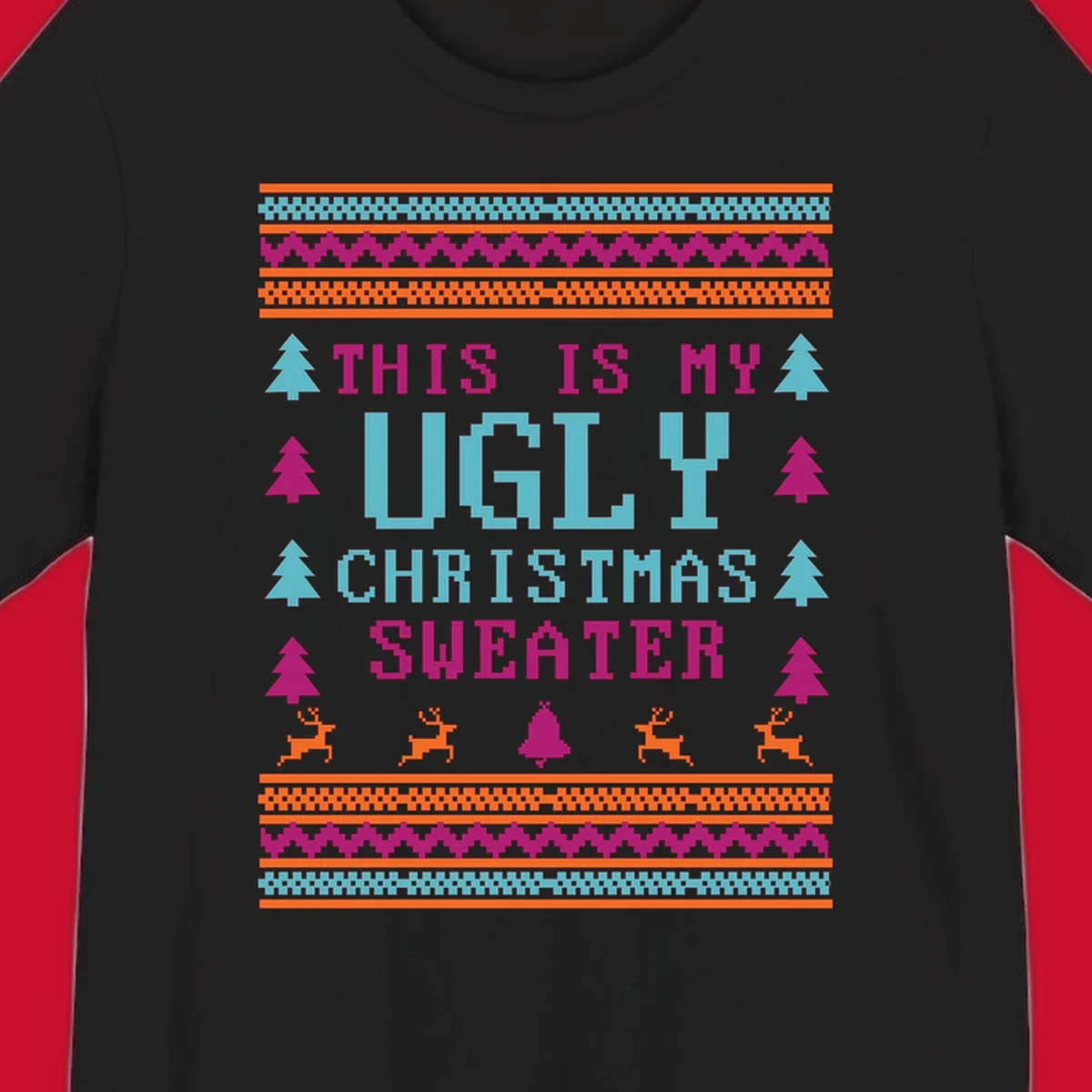 Ugly Christmas Sweater text design with pixel art trees, reindeer, and bell.