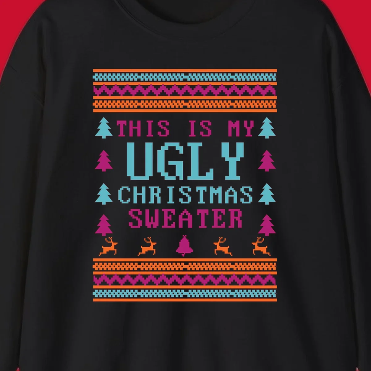 Ugly Christmas Sweater text design with pixel art trees, reindeer, and bell.
