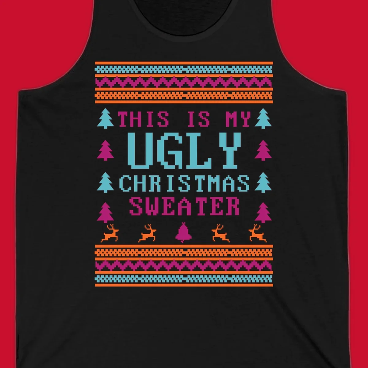 Ugly Christmas Sweater text design with pixel art trees, reindeer, and bell.