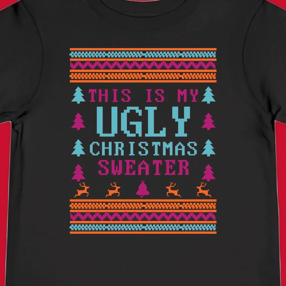 Ugly Christmas Sweater text design with pixel art trees, reindeer, and bell.