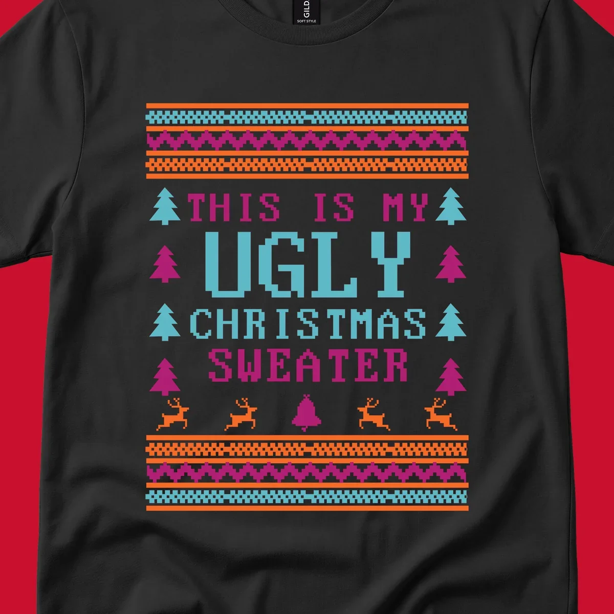 Ugly Christmas Sweater text design with pixel art trees, reindeer, and bell.