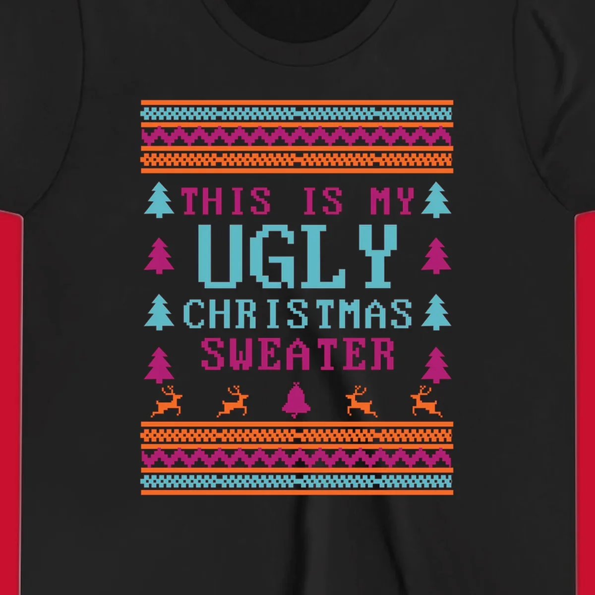 Ugly Christmas Sweater text design with pixel art trees, reindeer, and bell.