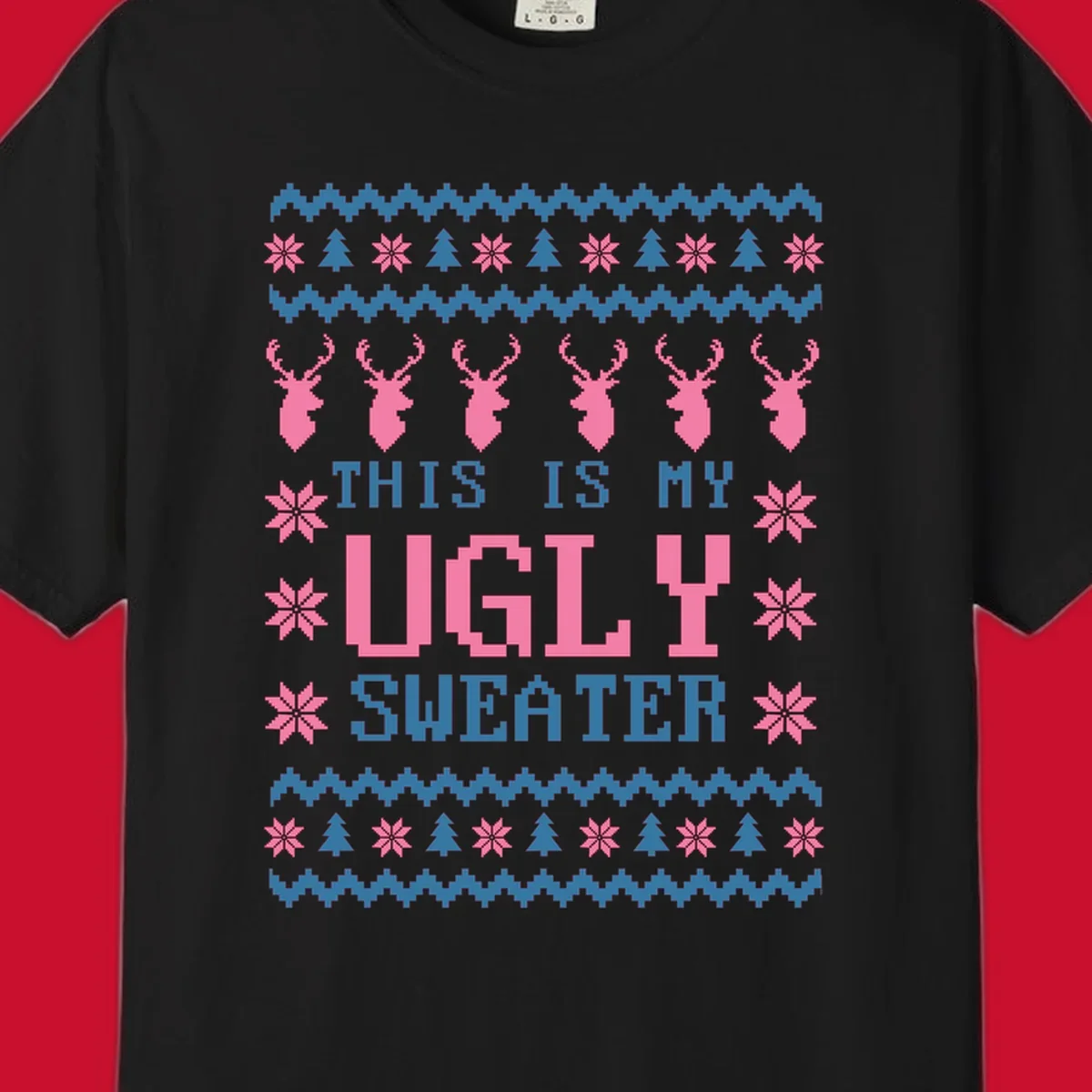 Ugly Christmas sweater design with pixelated reindeer, snowflakes, trees, and text 'THIS IS MY UGLY SWEATER'.