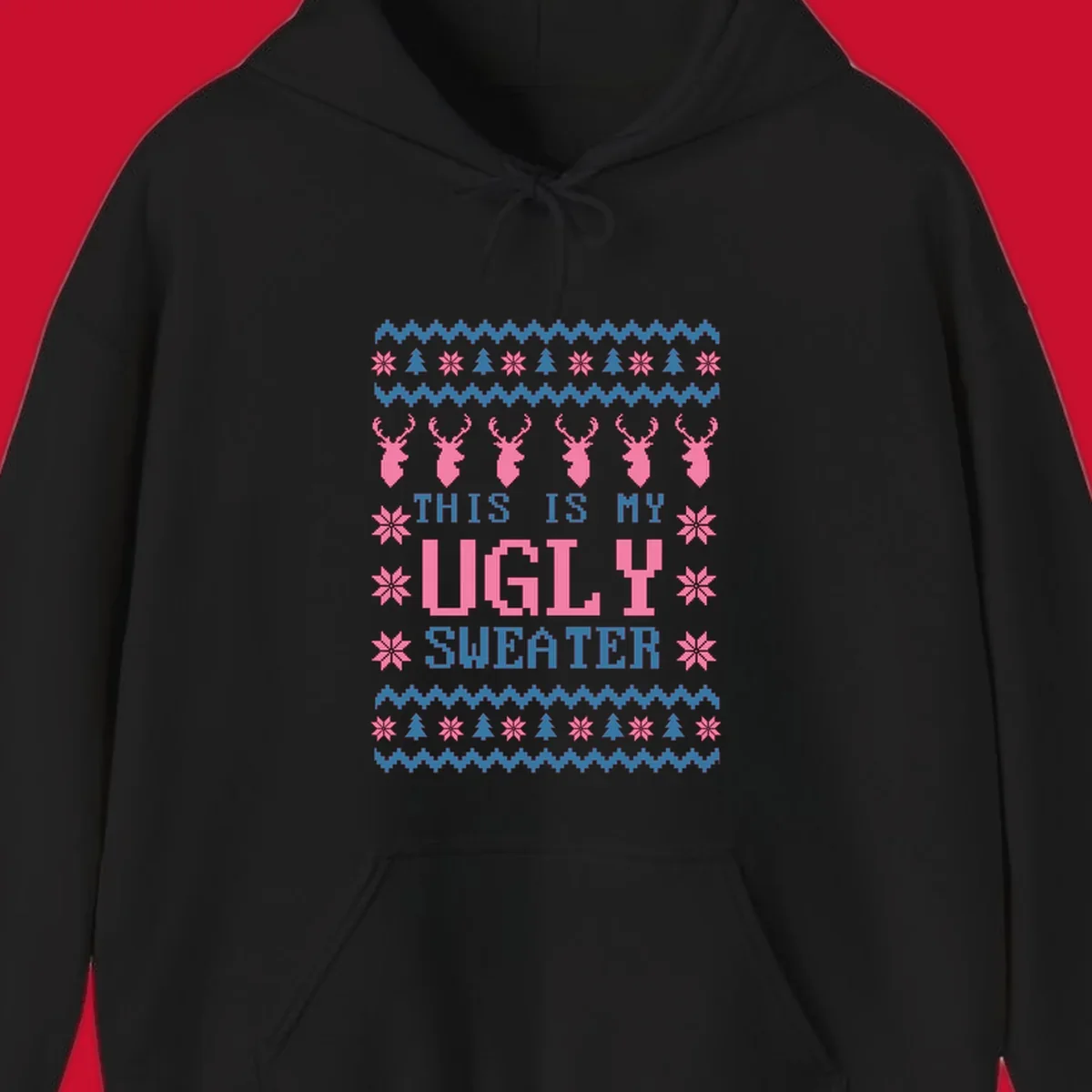 Ugly Christmas sweater design with pixelated reindeer, snowflakes, trees, and text 'THIS IS MY UGLY SWEATER'.