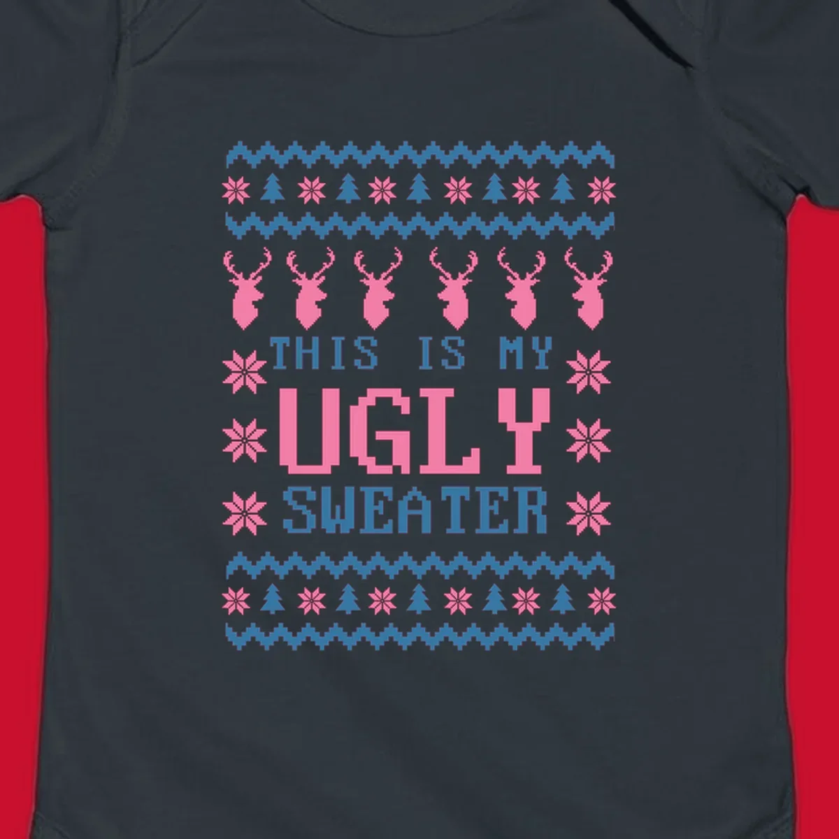 Ugly Christmas sweater design with pixelated reindeer, snowflakes, trees, and text 'THIS IS MY UGLY SWEATER'.