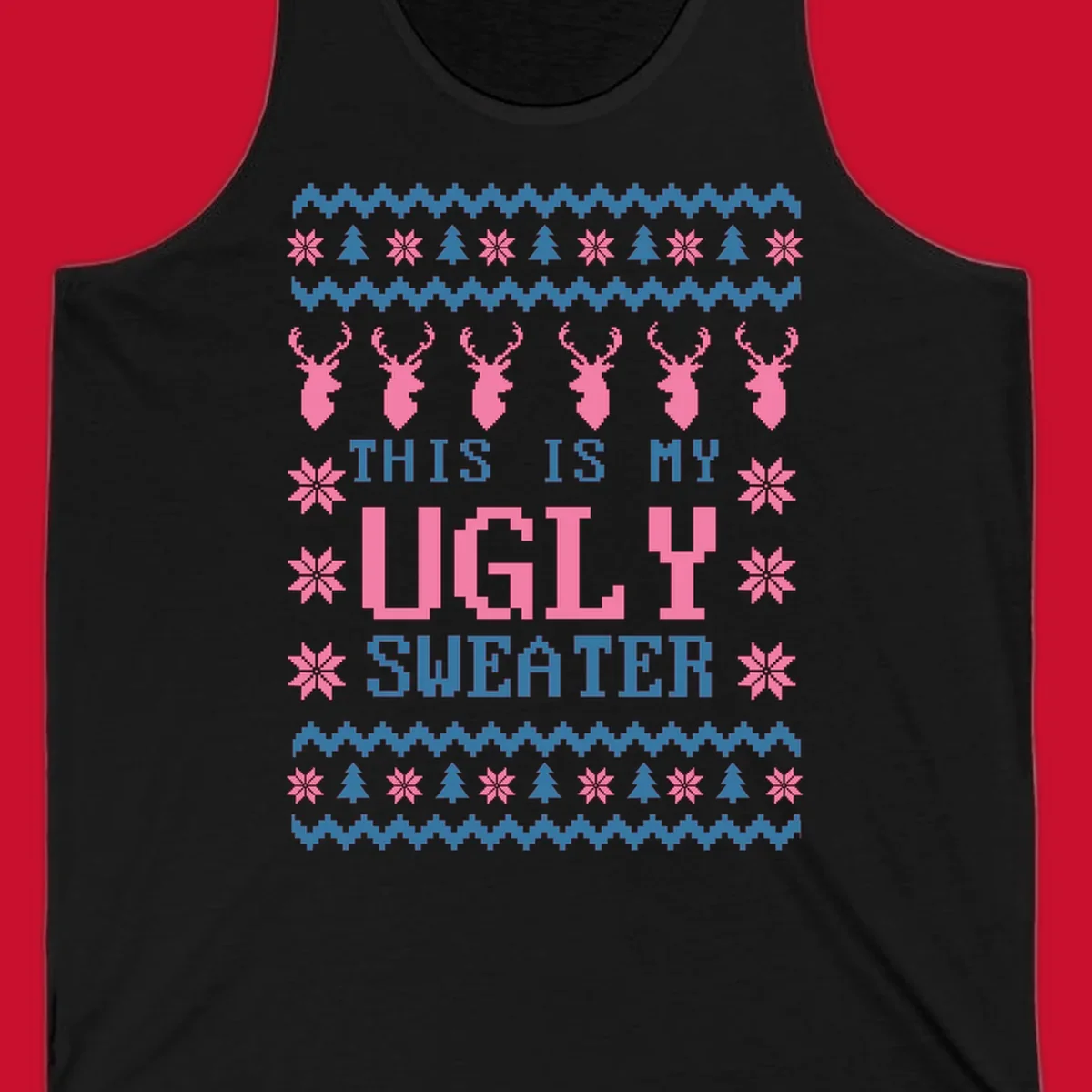 Ugly Christmas sweater design with pixelated reindeer, snowflakes, trees, and text 'THIS IS MY UGLY SWEATER'.