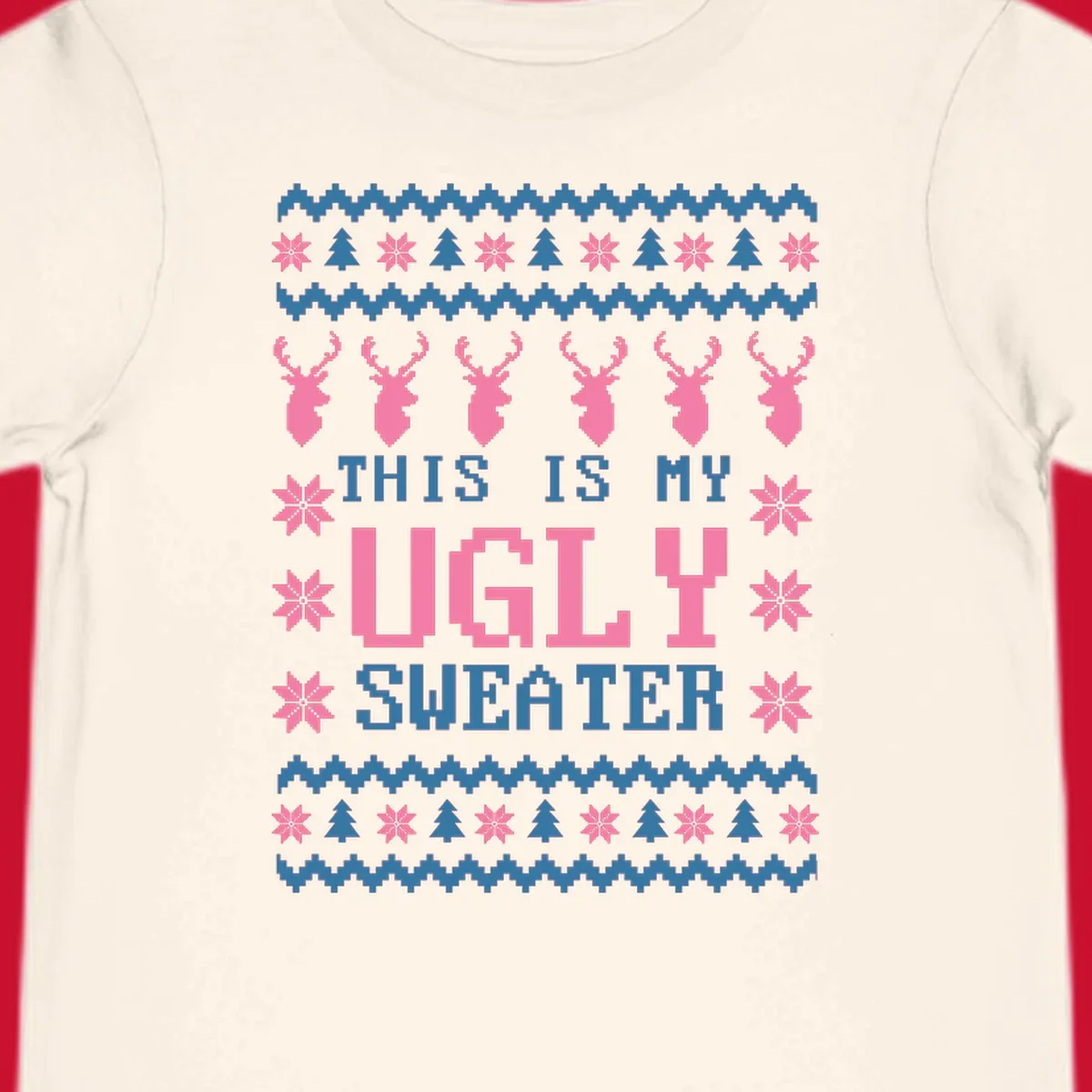 Ugly Christmas sweater design with pixelated reindeer, snowflakes, trees, and text 'THIS IS MY UGLY SWEATER'.