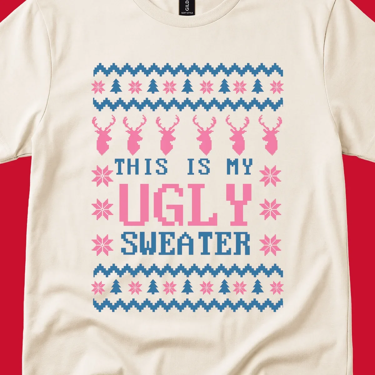 Ugly Christmas sweater design with pixelated reindeer, snowflakes, trees, and text 'THIS IS MY UGLY SWEATER'.