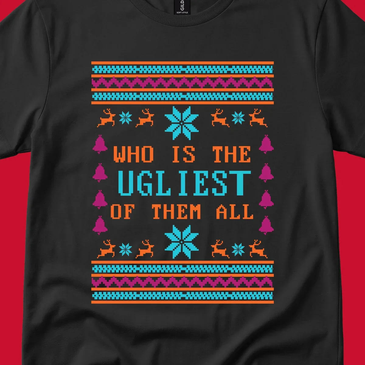 Text 'Who Is The Ugliest Of Them All' with reindeer, snowflakes, and bells in a kitschy Christmas design.