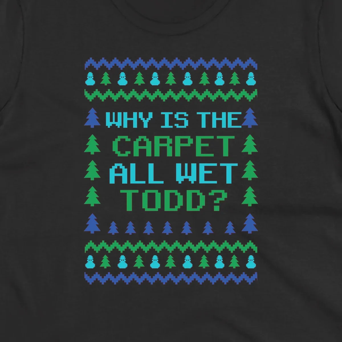 Christmas Vacation quote 'Why Is The Carpet All Wet Todd?' in pixelated font with trees and snowmen.