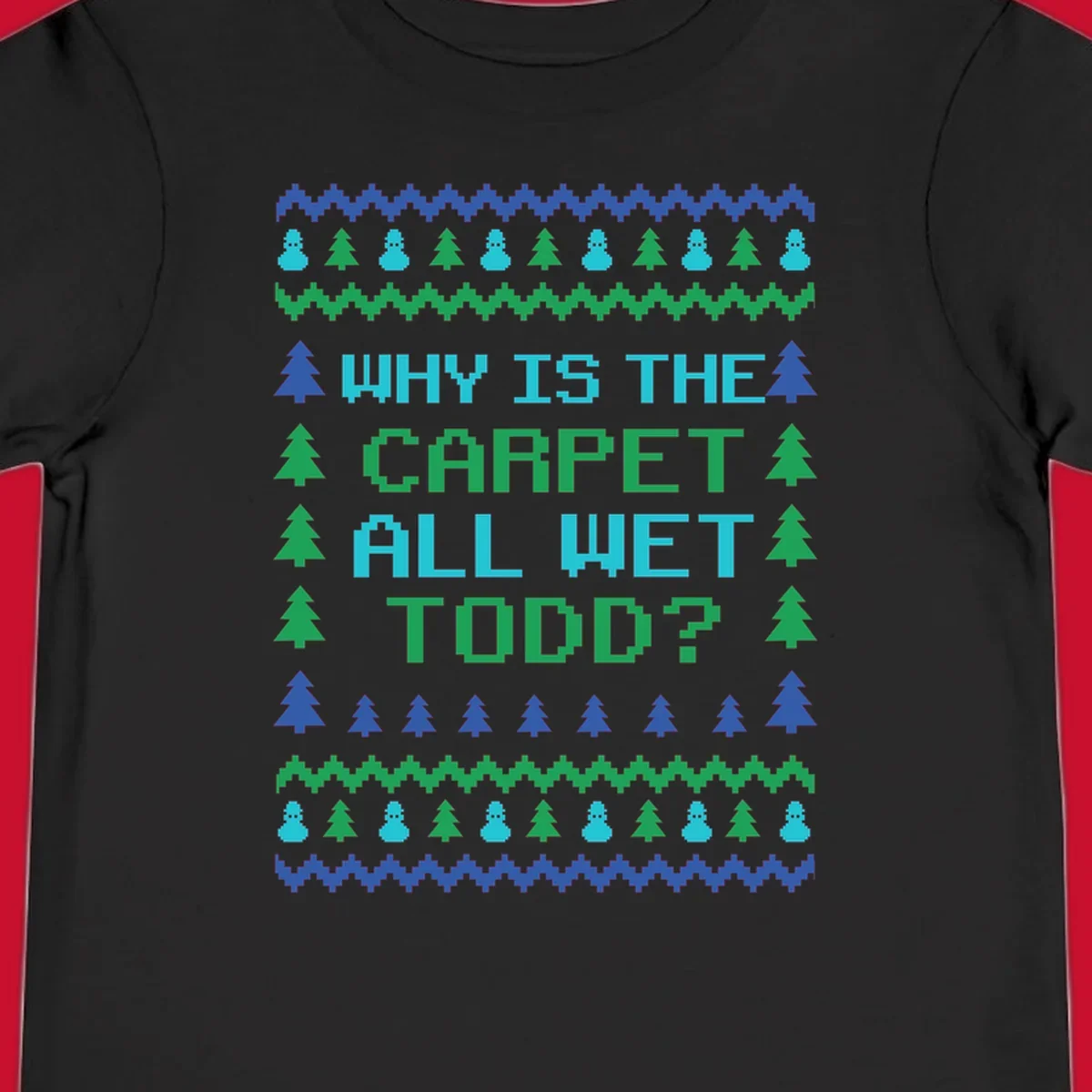 Christmas Vacation quote 'Why Is The Carpet All Wet Todd?' in pixelated font with trees and snowmen.