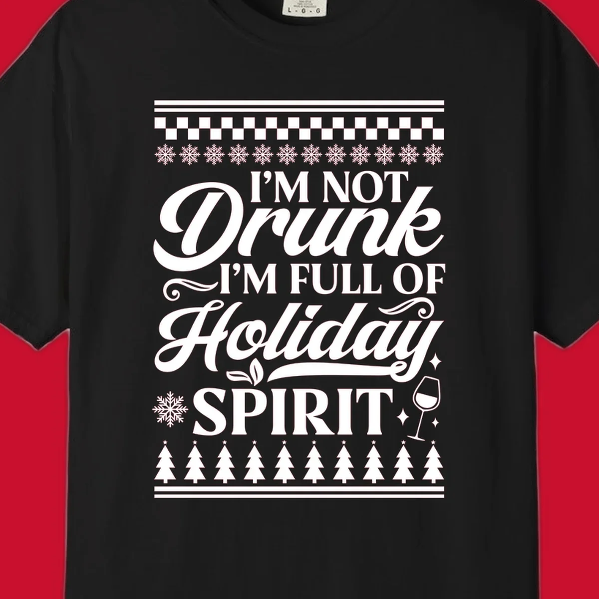 Holiday spirit phrase with snowflakes and wine glass on black background