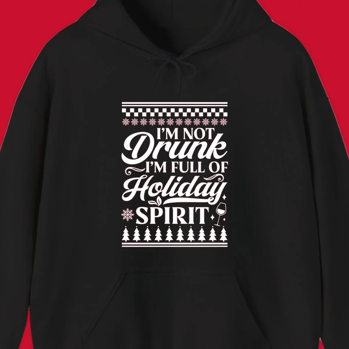 Holiday spirit phrase with snowflakes and wine glass on black background