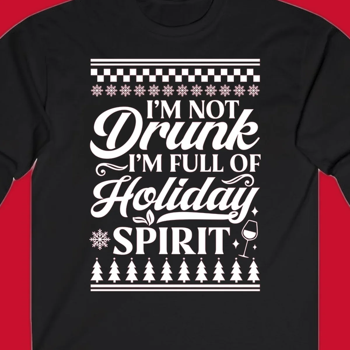 Holiday spirit phrase with snowflakes and wine glass on black background