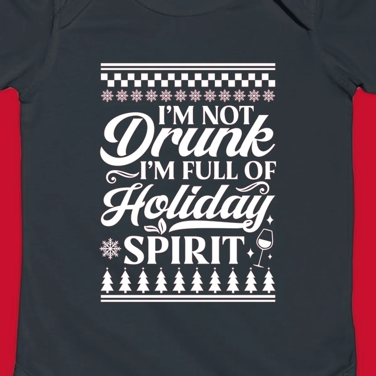 Holiday spirit phrase with snowflakes and wine glass on black background