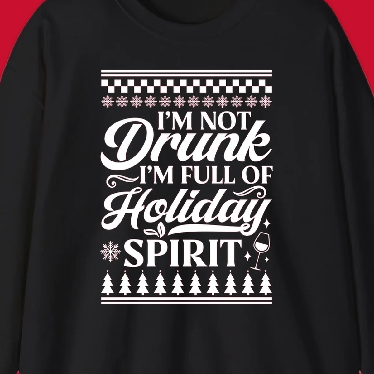 Holiday spirit phrase with snowflakes and wine glass on black background