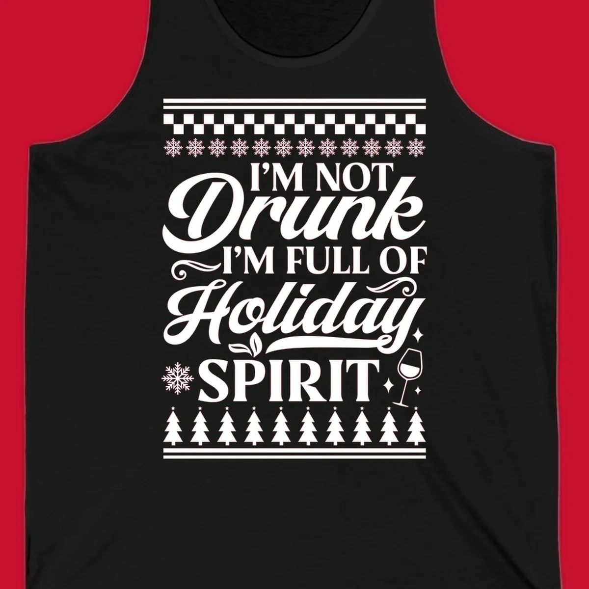 Holiday spirit phrase with snowflakes and wine glass on black background