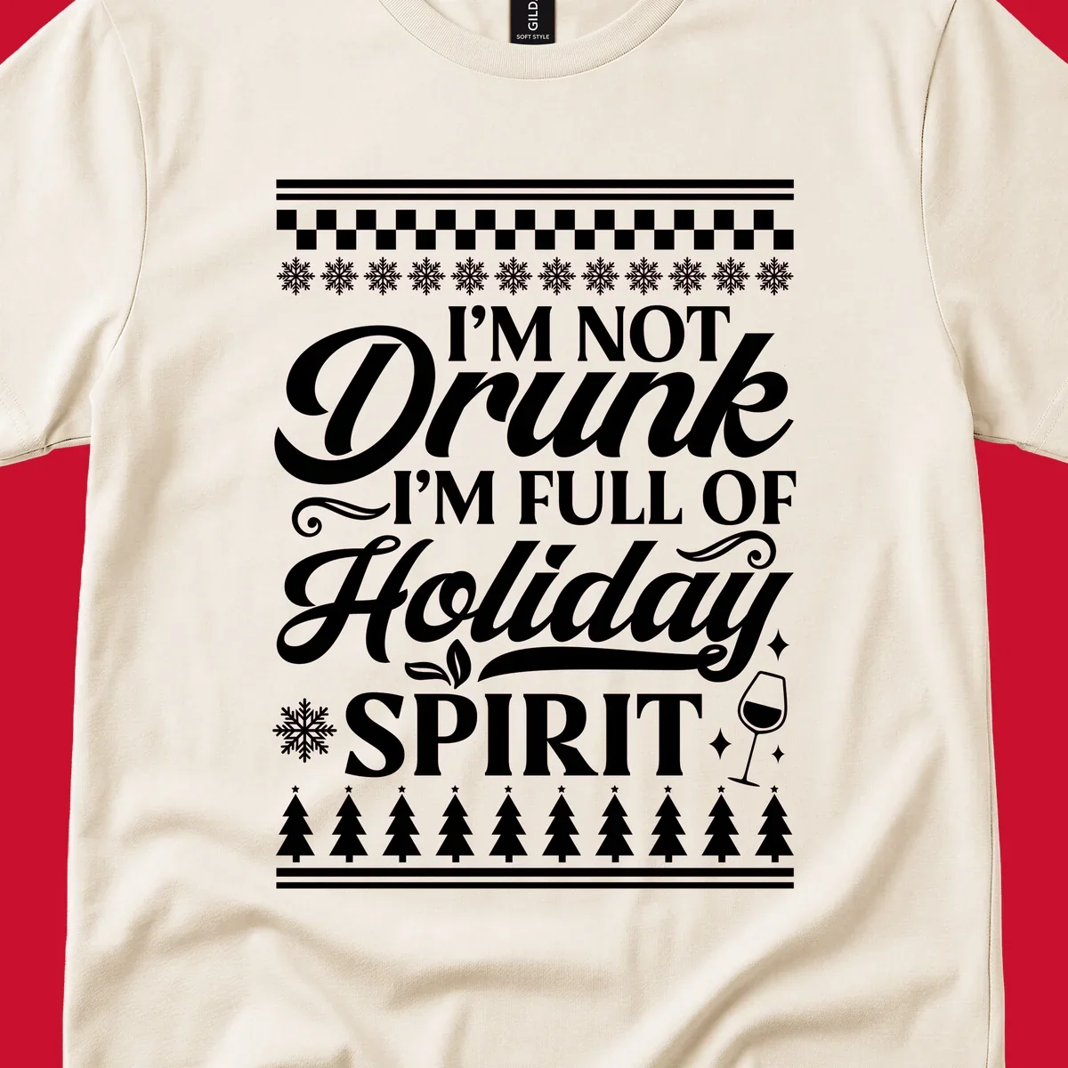 Holiday spirit phrase with snowflakes and wine glass on black background