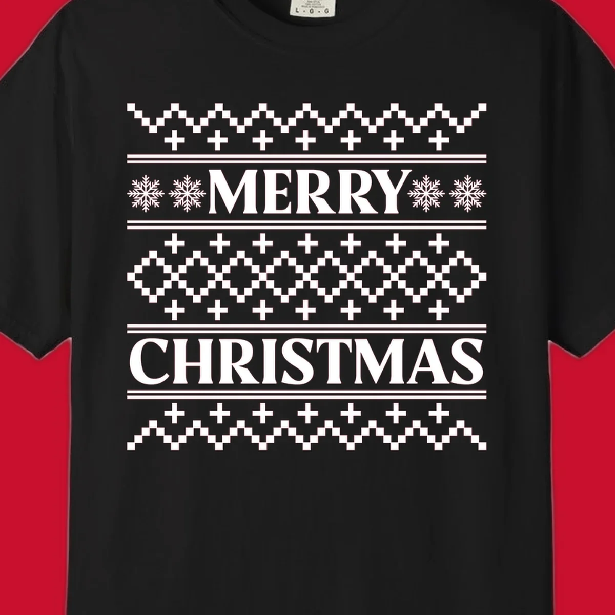 Ugly Christmas sweater pattern with Merry Christmas text, snowflakes, and geometric shapes.
