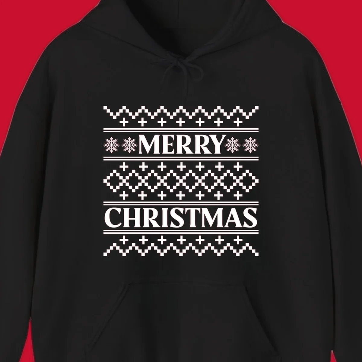 Ugly Christmas sweater pattern with Merry Christmas text, snowflakes, and geometric shapes.
