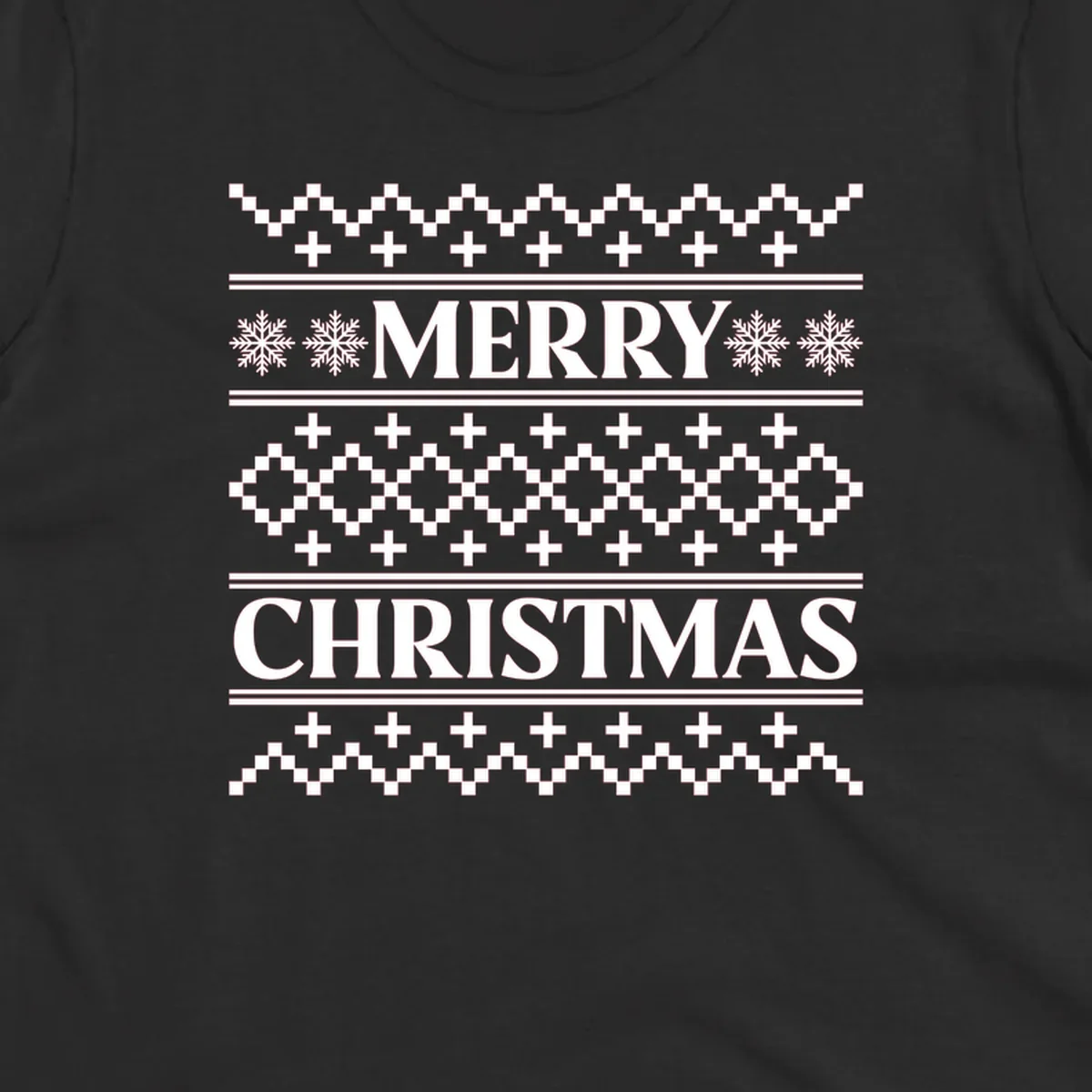 Ugly Christmas sweater pattern with Merry Christmas text, snowflakes, and geometric shapes.