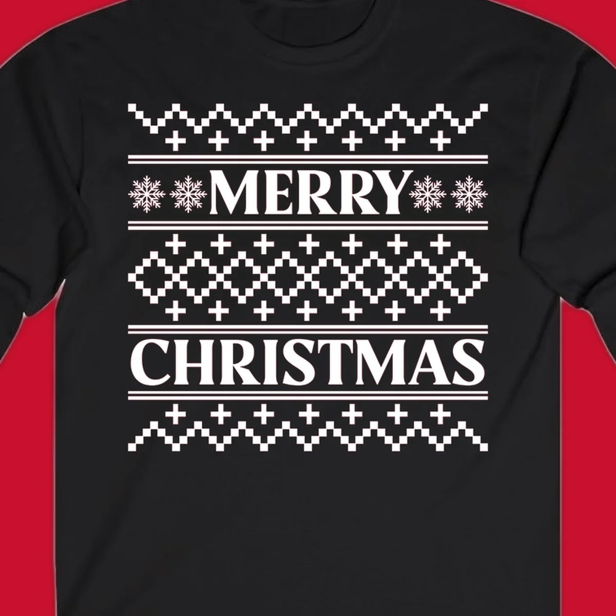 Ugly Christmas sweater pattern with Merry Christmas text, snowflakes, and geometric shapes.