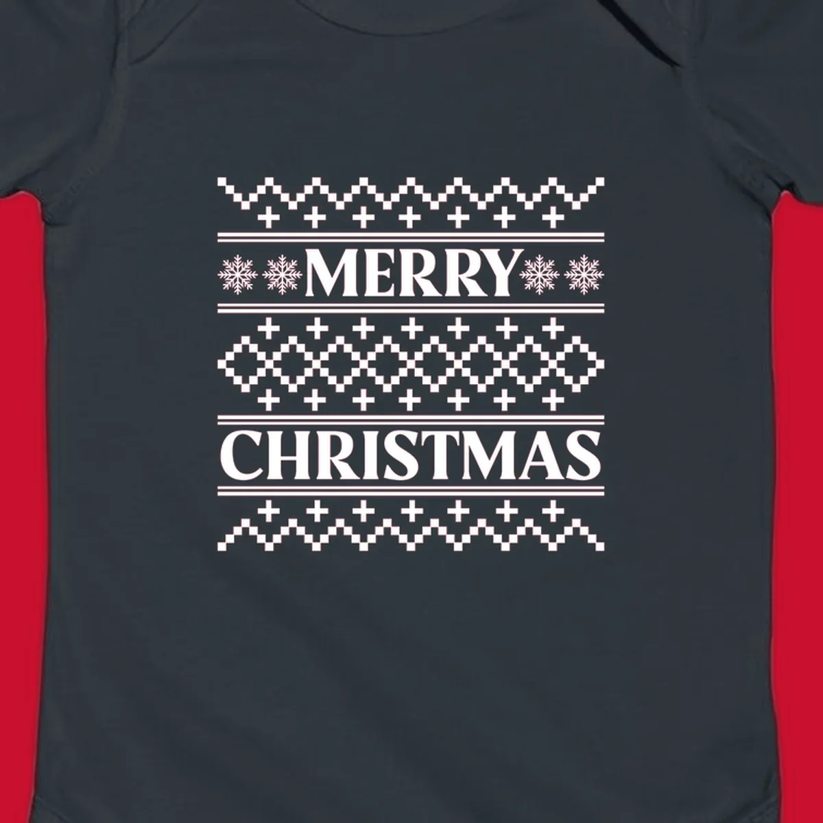 Ugly Christmas sweater pattern with Merry Christmas text, snowflakes, and geometric shapes.