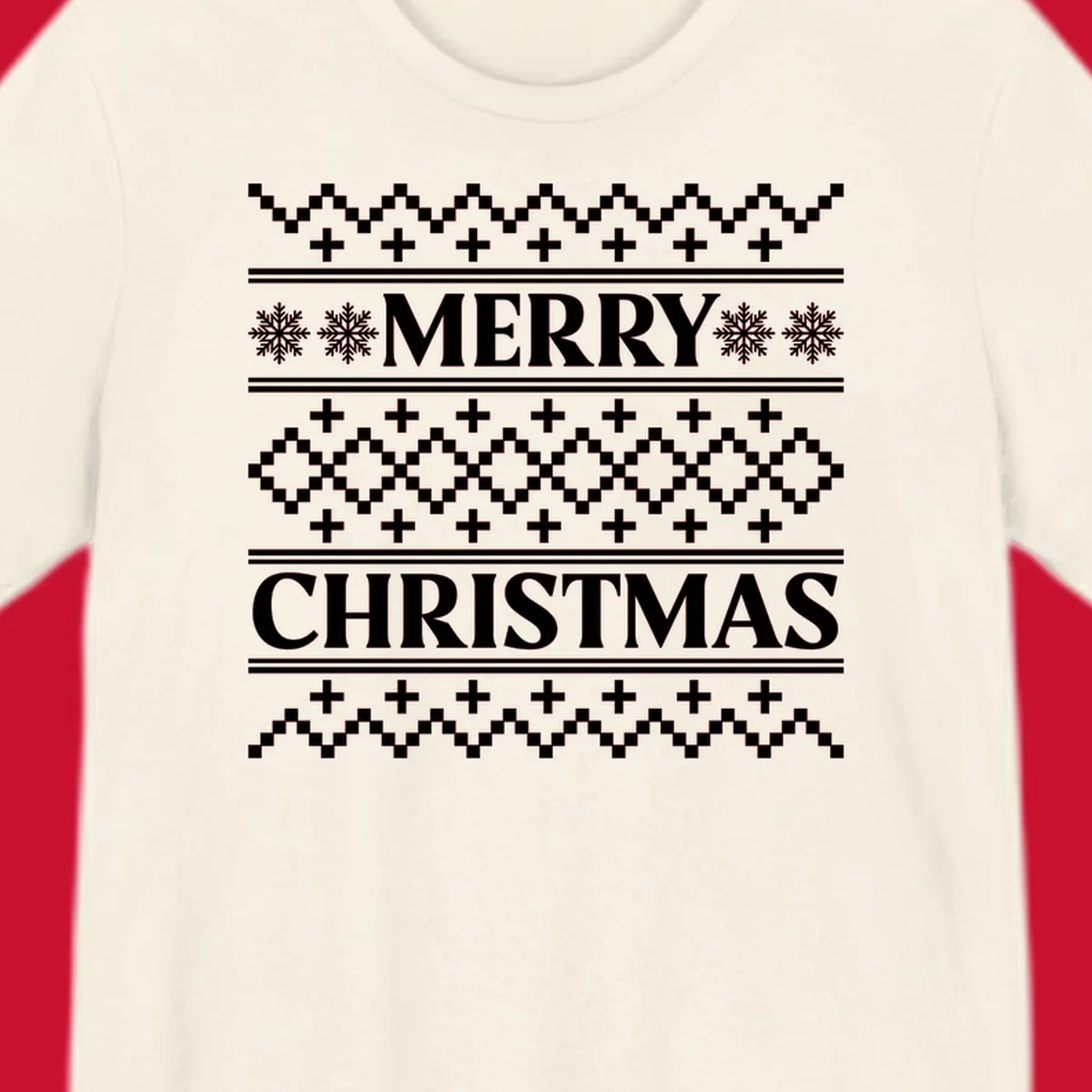 Ugly Christmas sweater pattern with Merry Christmas text, snowflakes, and geometric shapes.
