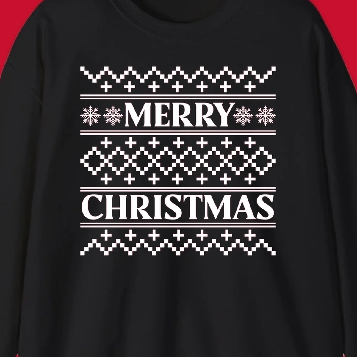 Ugly Christmas sweater pattern with Merry Christmas text, snowflakes, and geometric shapes.