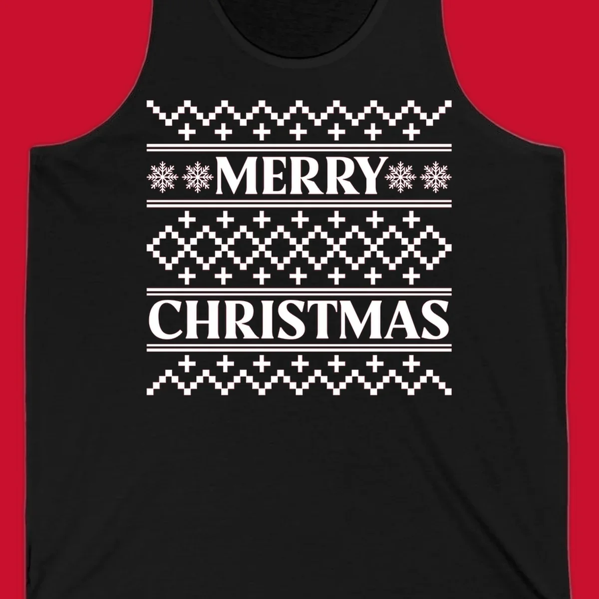 Ugly Christmas sweater pattern with Merry Christmas text, snowflakes, and geometric shapes.