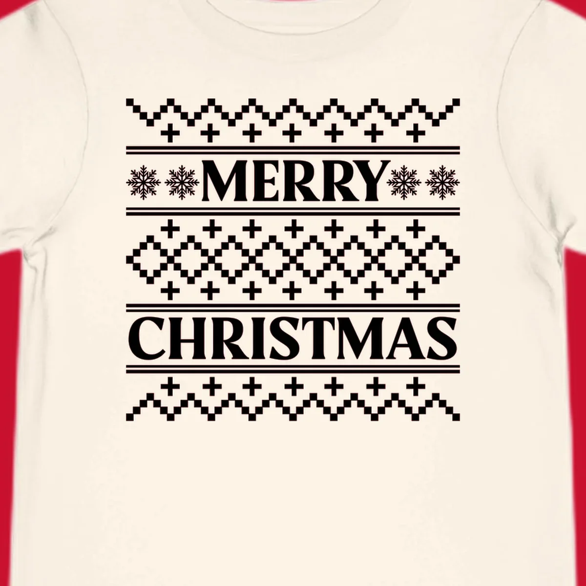 Ugly Christmas sweater pattern with Merry Christmas text, snowflakes, and geometric shapes.
