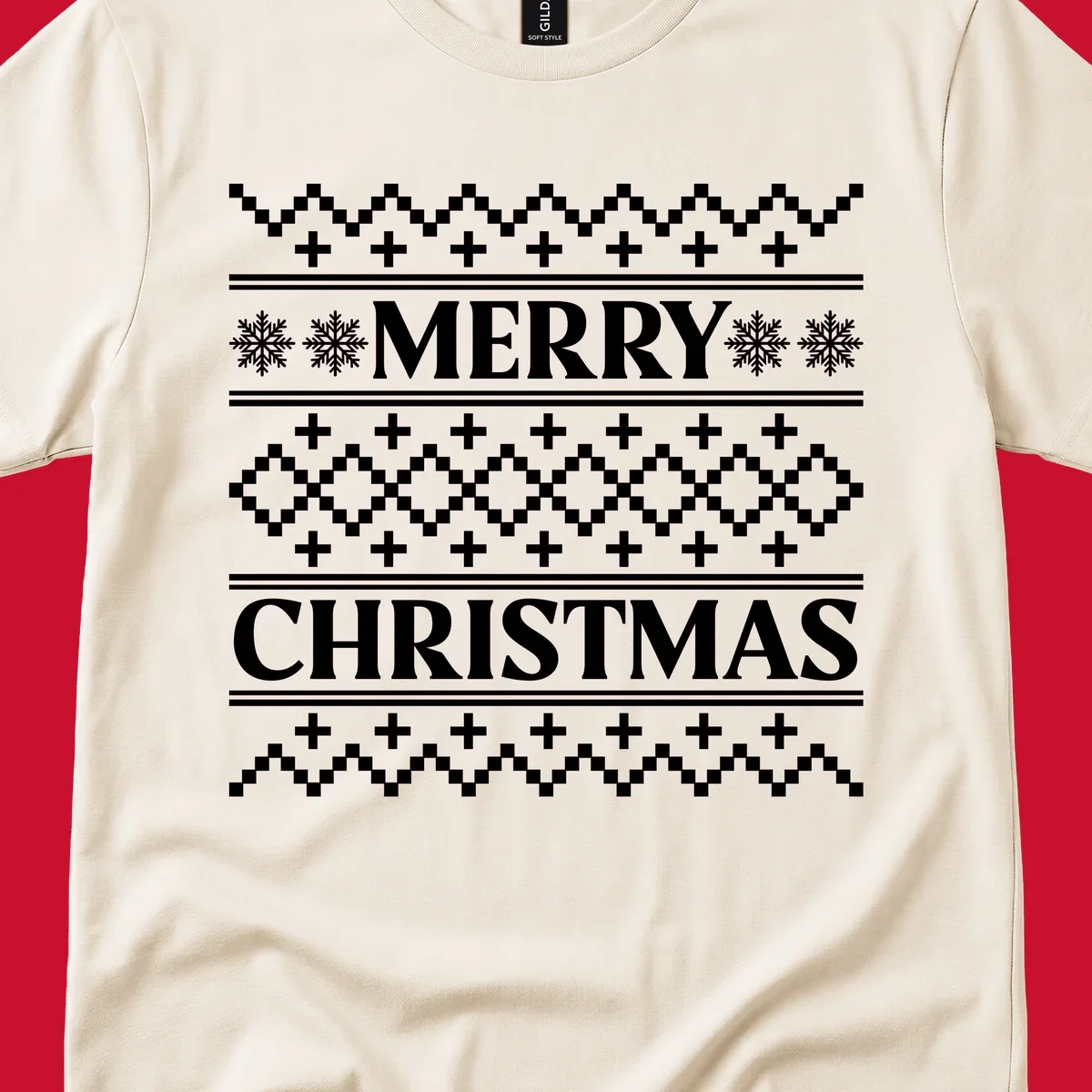 Ugly Christmas sweater pattern with Merry Christmas text, snowflakes, and geometric shapes.