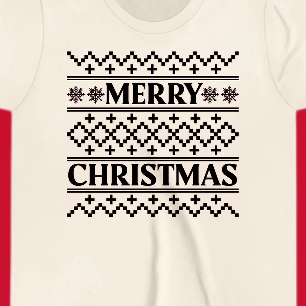 Ugly Christmas sweater pattern with Merry Christmas text, snowflakes, and geometric shapes.